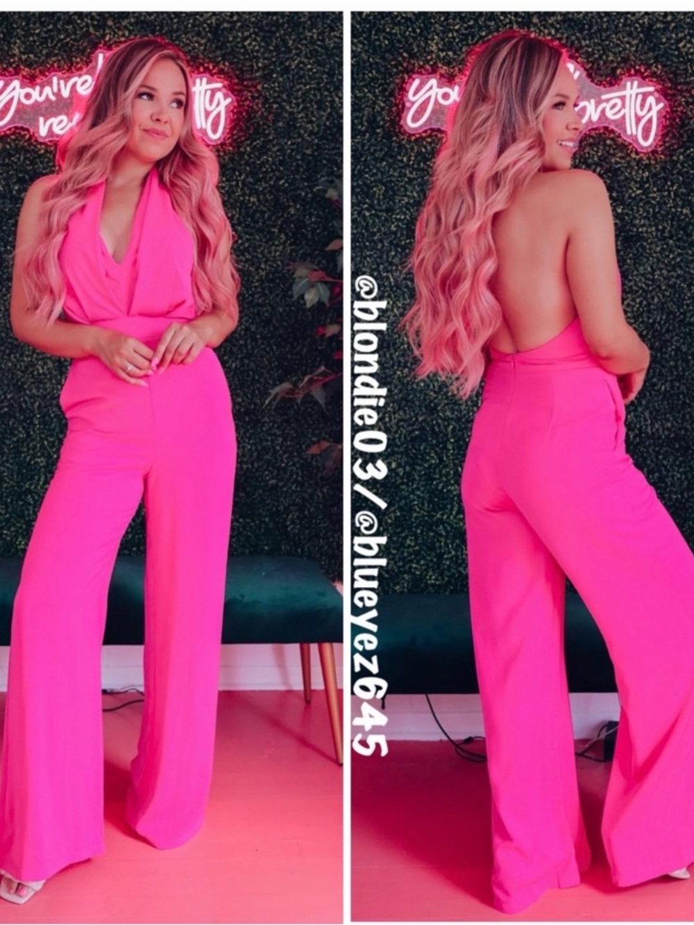 DO+BE Holding On Flare Hot Pink Halter Jumpsuit Women's Size Large NWT